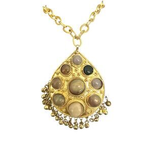 Vintage Boho Gold Tone Multicolor Cabochon Statement Necklace 24” Adjustable